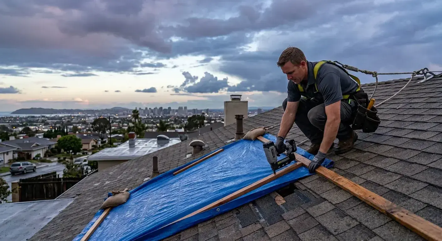 A San Diego homeowner placing a bucket under an active ceiling drip during a winter rainstorm while photographing the water damage for insurance documentation