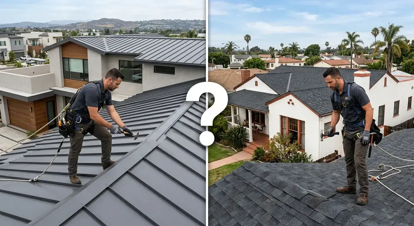 A split-screen image. On the left, a modern San Diego home with a standing seam metal roof. On the right, a traditional San Diego home with architectural asphalt shingles.