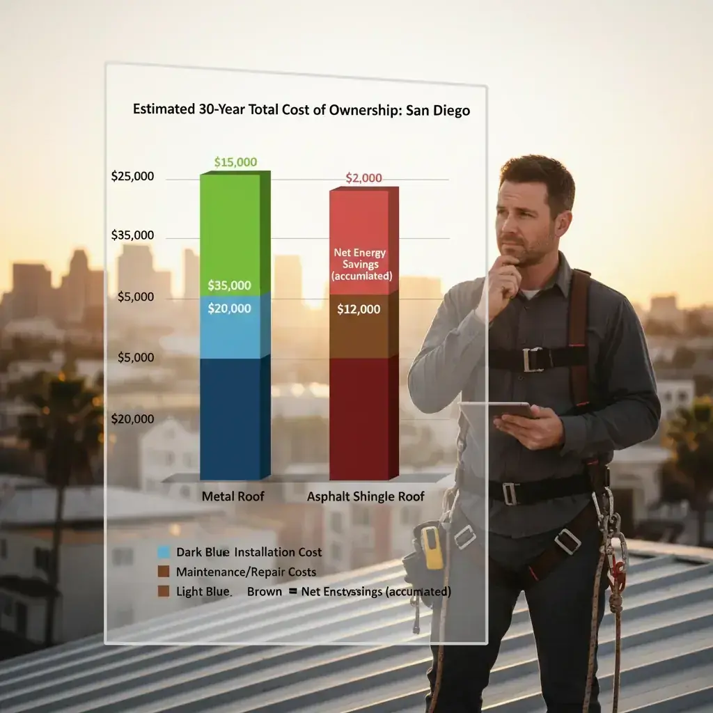 Bar chart comparing the 30-Year Cost of Ownership for a metal roof vs. an asphalt shingle roof in San Diego, including initial cost, repairs, and energy savings.