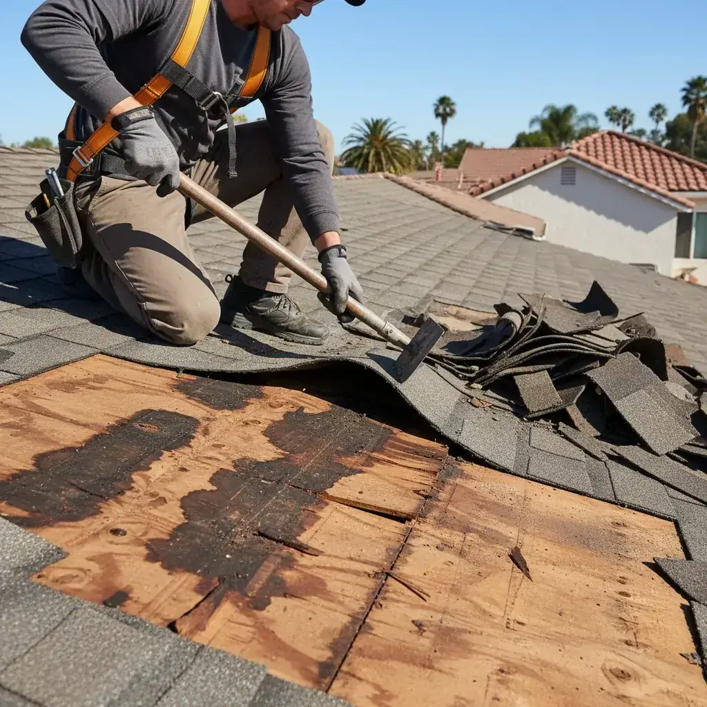 An abatement contractor in proper PPE removing asbestos-cement roof tiles from a 1960s San Diego home in Old Town, with sealed waste containers visible
