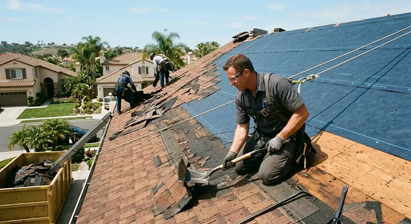 Architectural asphalt shingle roof on a San Diego home at 20 years showing healthy granule coverage