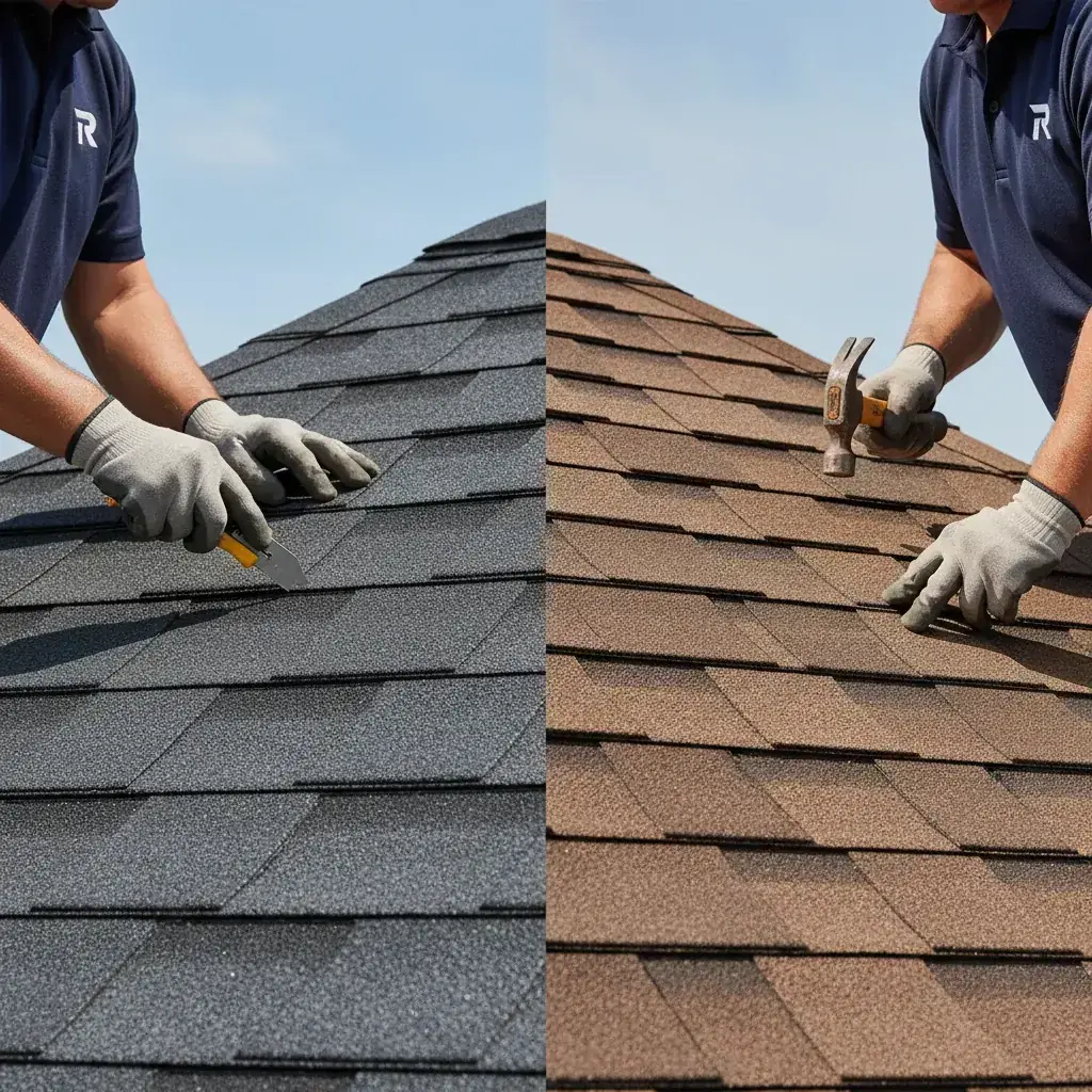 Four asphalt shingle samples side-by-side: 3-tab, architectural laminate, designer slate-look, and impact-rated Class 4, showing the visible thickness and texture differences