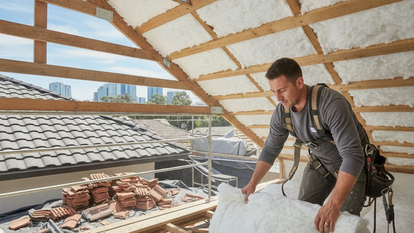Open attic space in a San Diego home showing existing batt insulation between rafters before a roof replacement project.