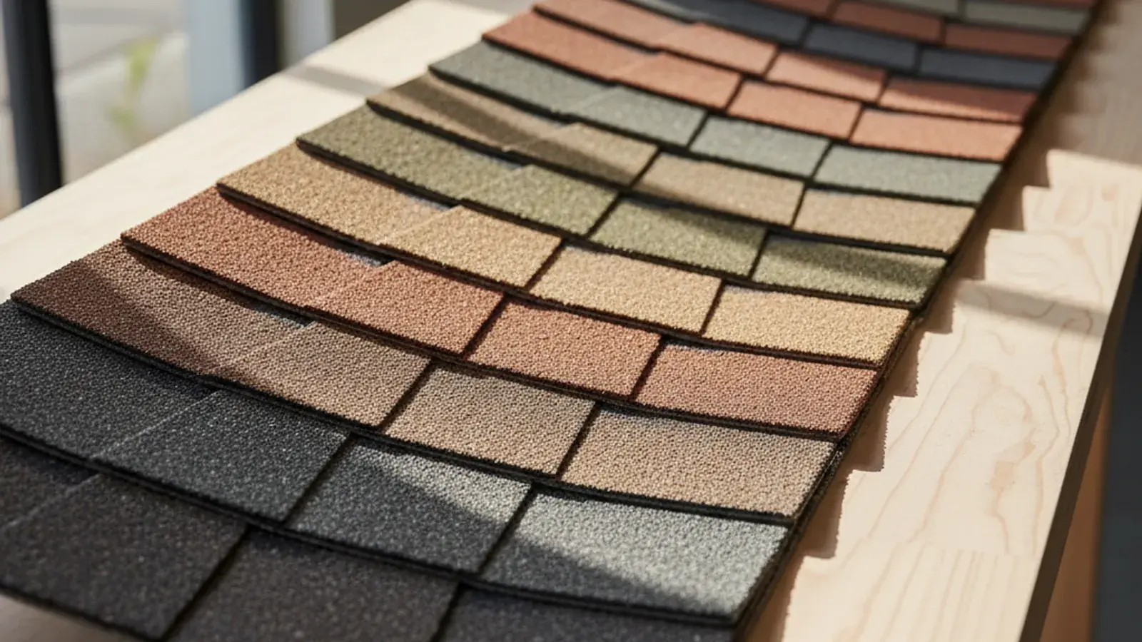 Several GAF architectural asphalt shingle color samples fanned out on a clean work table in a San Diego roofing shop