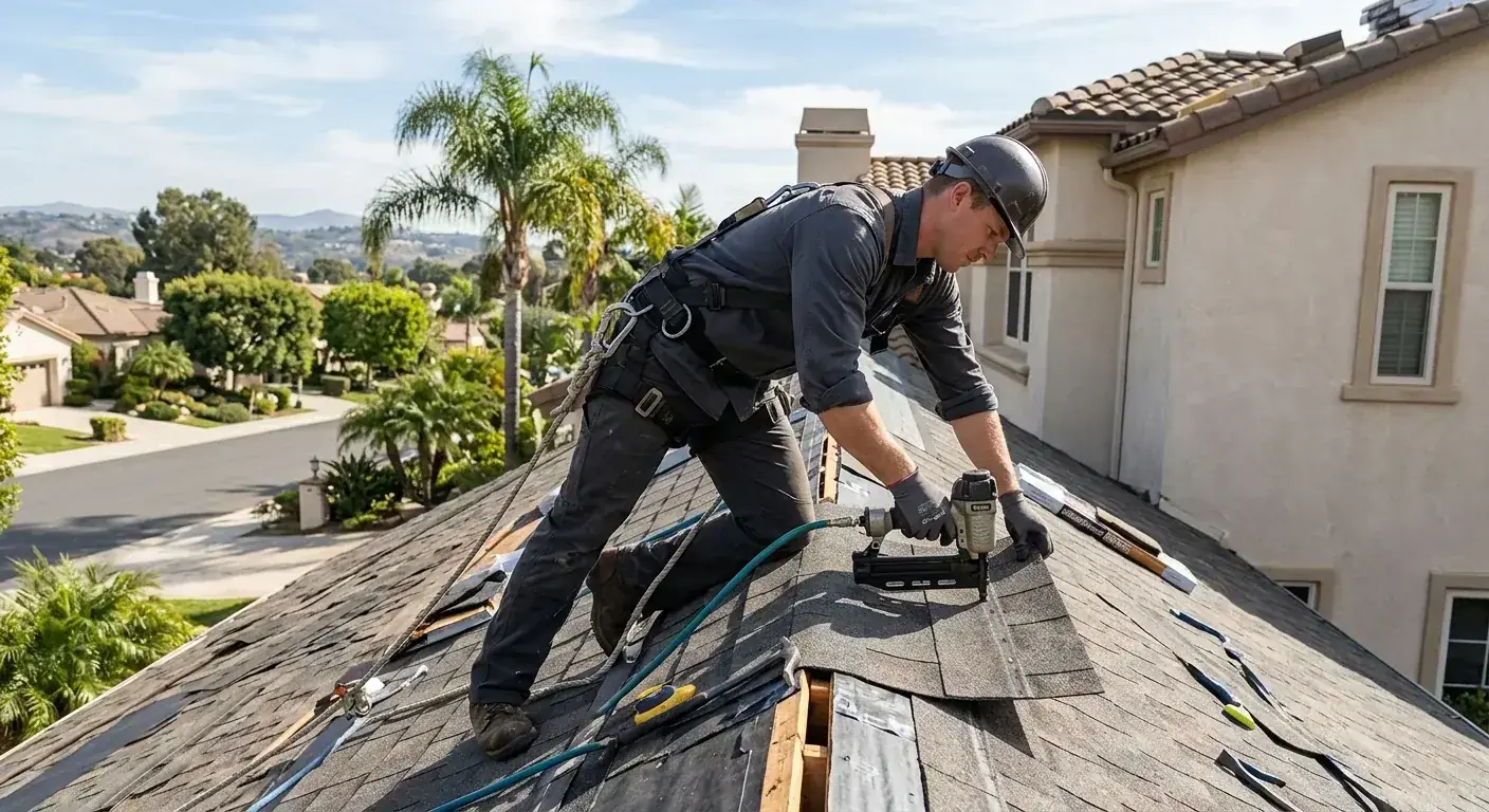 San Diego home with a freshly torn-off roof in mid-winter under clear skies, illustrating that roofing crews work year-round in SD's mild climate.