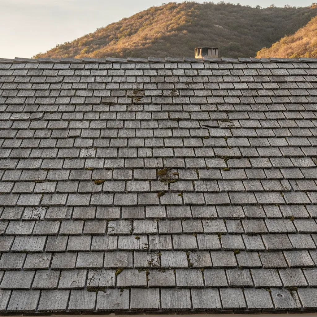 A weathered cedar shake roof on an older San Diego County home with a brush-covered hillside behind it, the wood shakes split and graying with age.