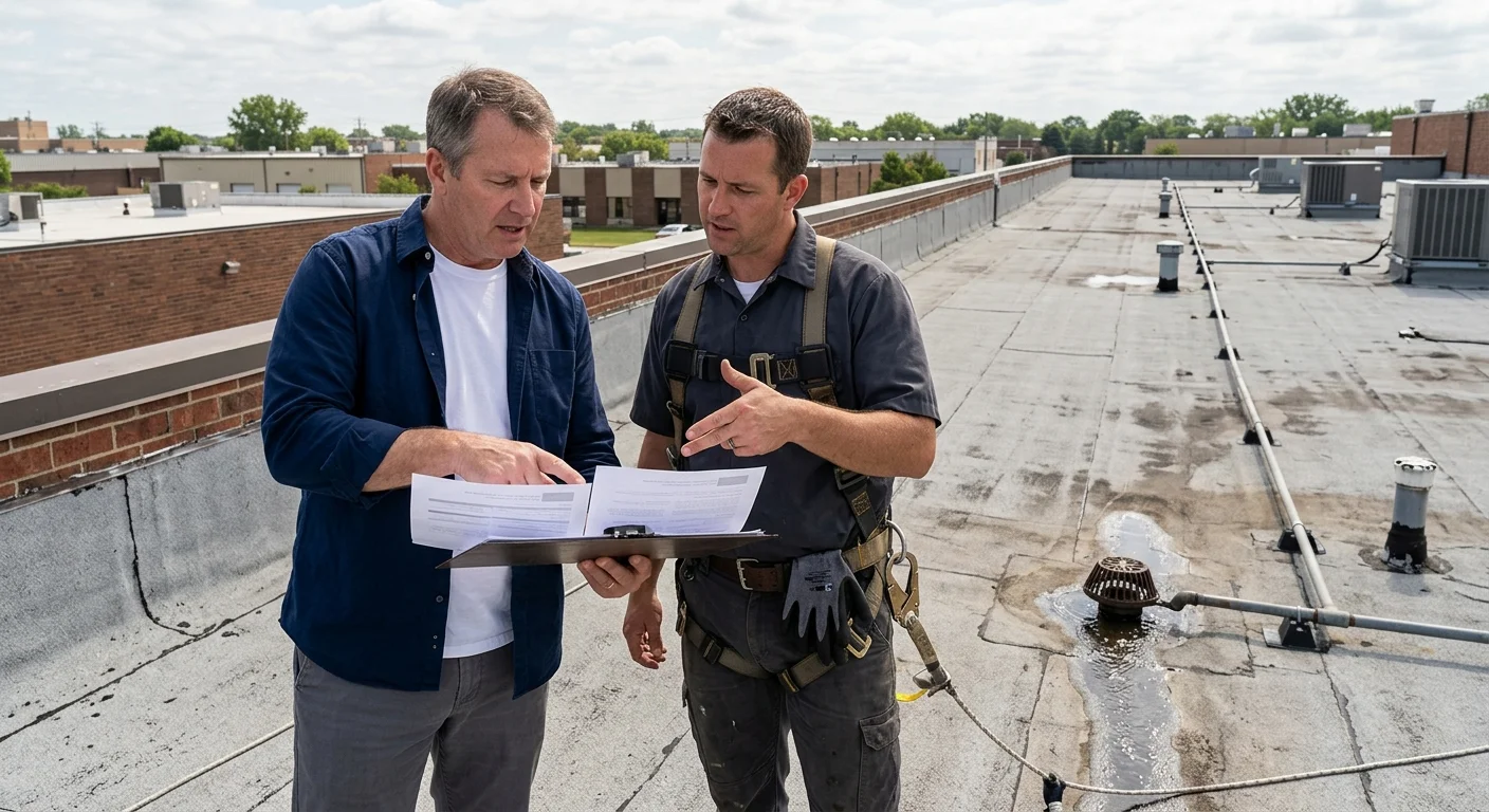 A commercial building owner comparing roof coating proposals with a local roofer