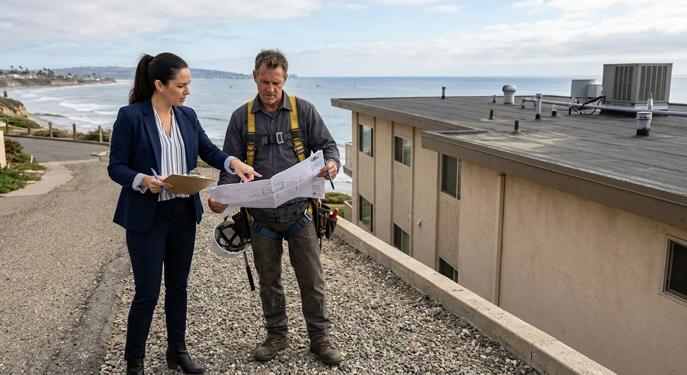 Oceanside property manager reviewing a commercial roof inspection plan with a roofer
