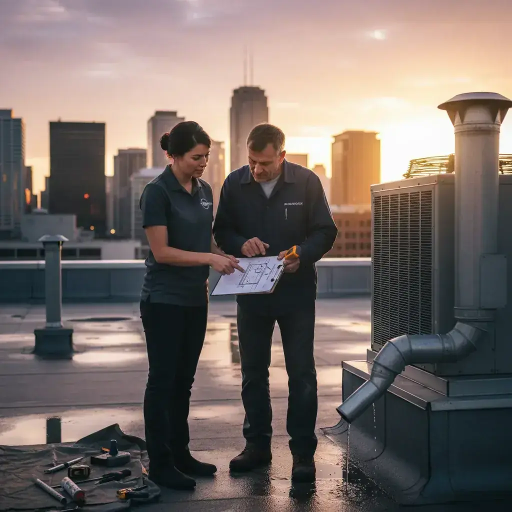 Property manager and roofer reviewing a roof inspection report on a clipboard at