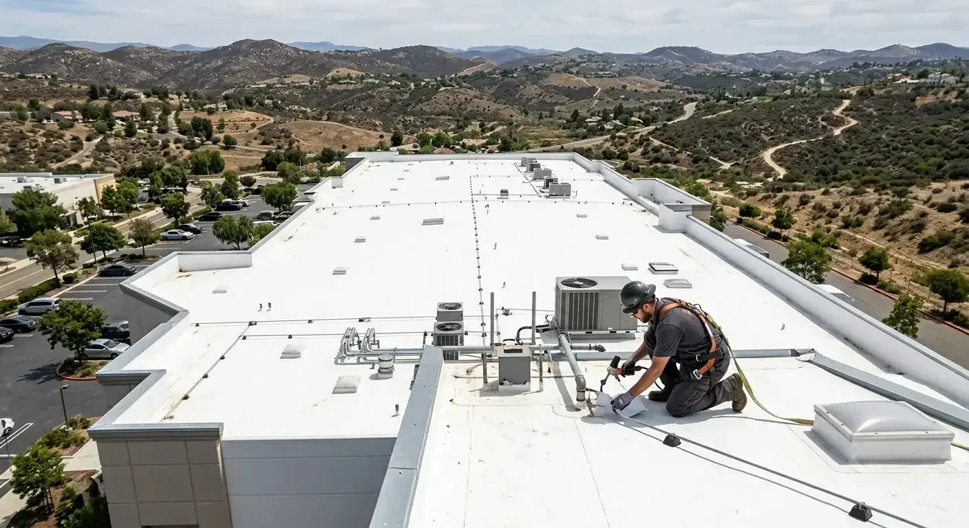 A wide aerial shot of a large, clean white TPO roof on a commercial building in Escondido, CA, with the dry, hilly landscape visible in the background.