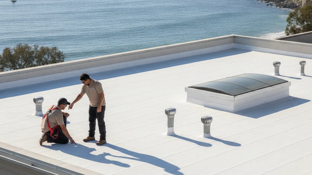 A white TPO commercial roof on a low-rise La Jolla retail building with the Pacific coastline visible in the background