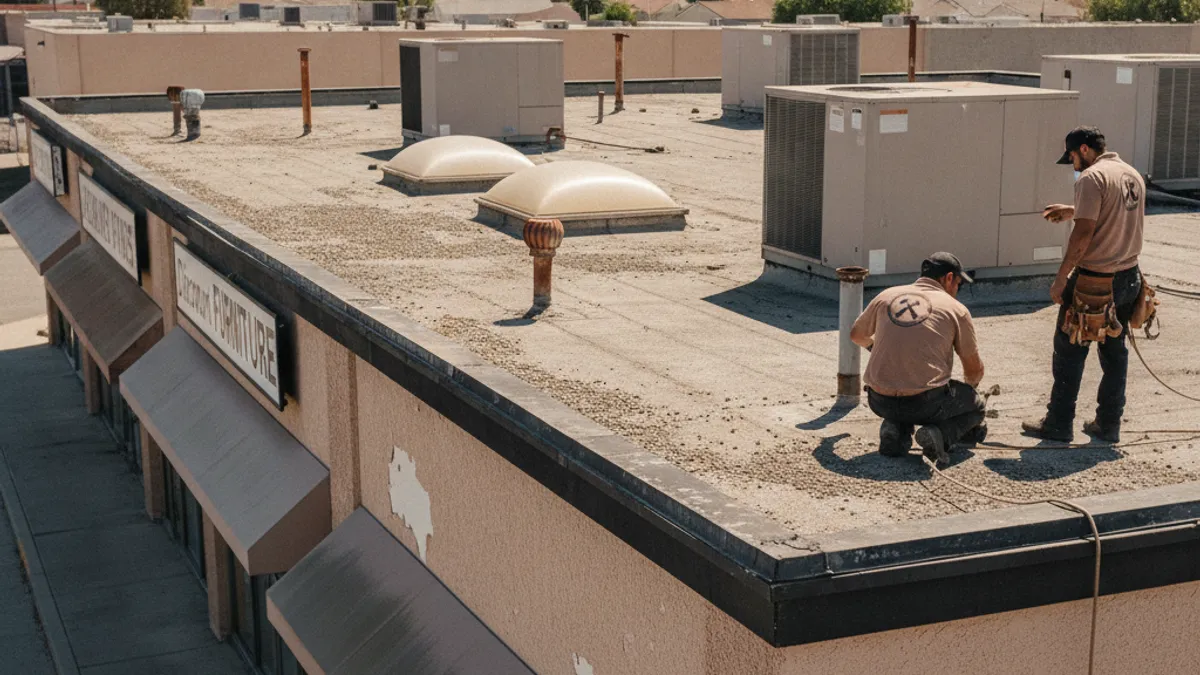 An older strip-mall style commercial building in Spring Valley with a worn flat roof under intense inland summer sun