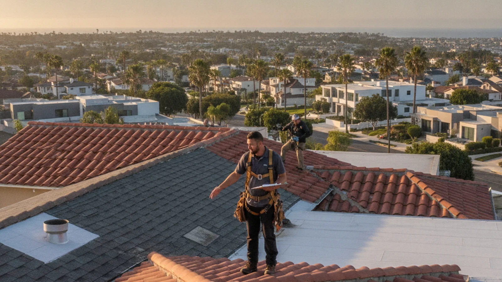 A property manager reviewing commercial roofing proposals with a roofer on the flat roof of a San Diego office building