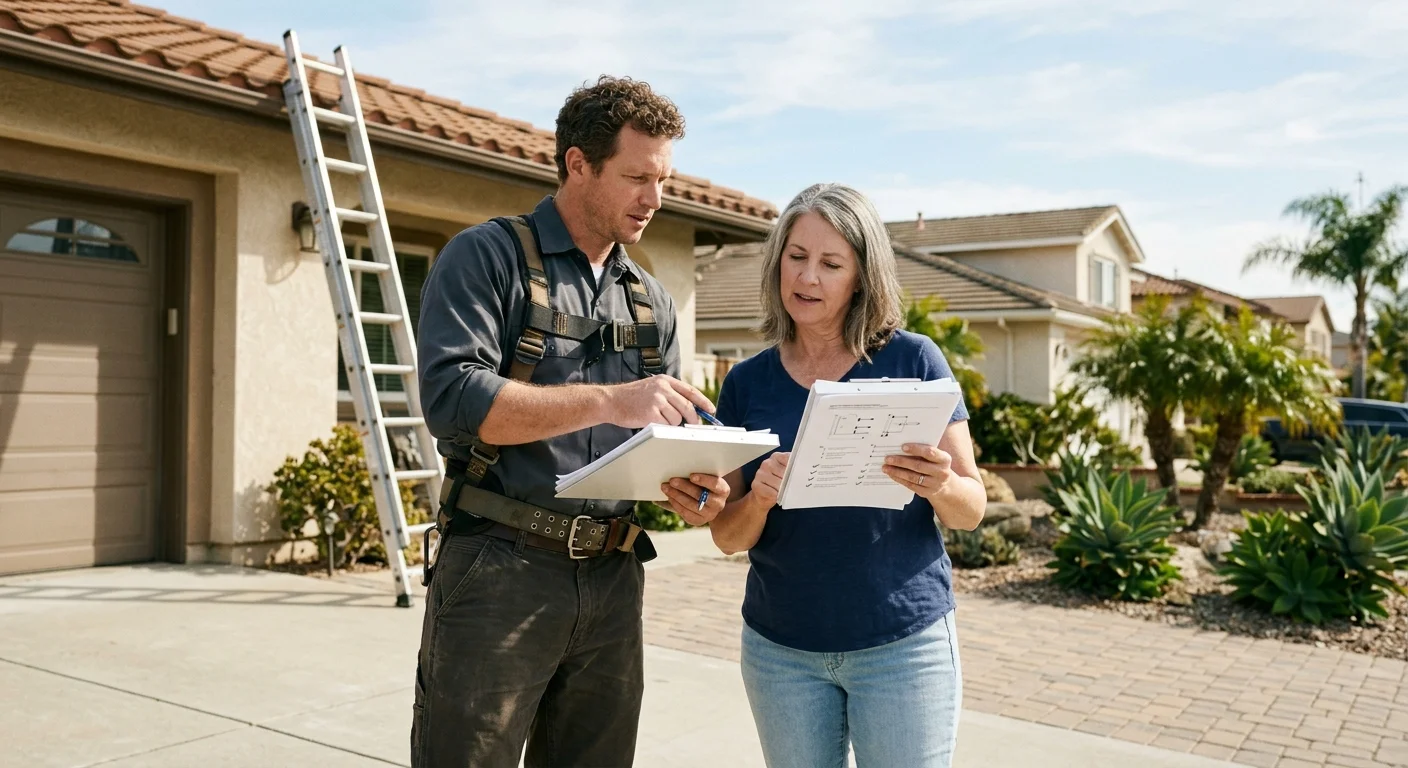 A San Diego homeowner comparing roof inspection reports with an independent inspector