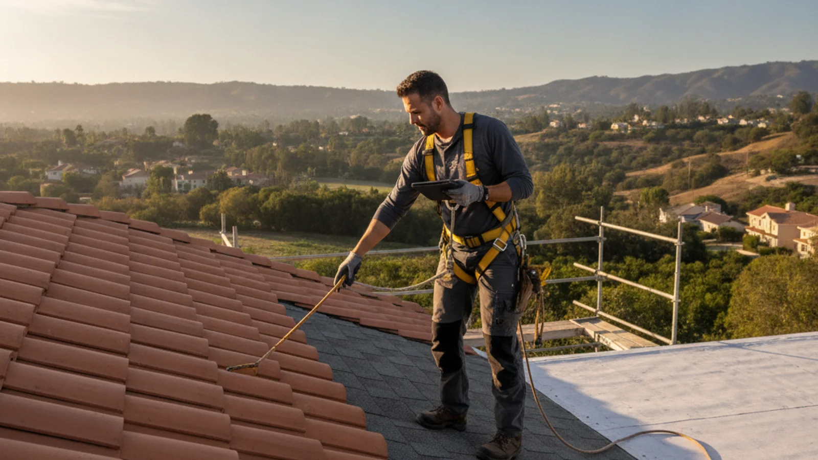 A Lemon Grove homeowner reviewing two written roof repair proposals with an independent roofer outside a mid-century single-story home