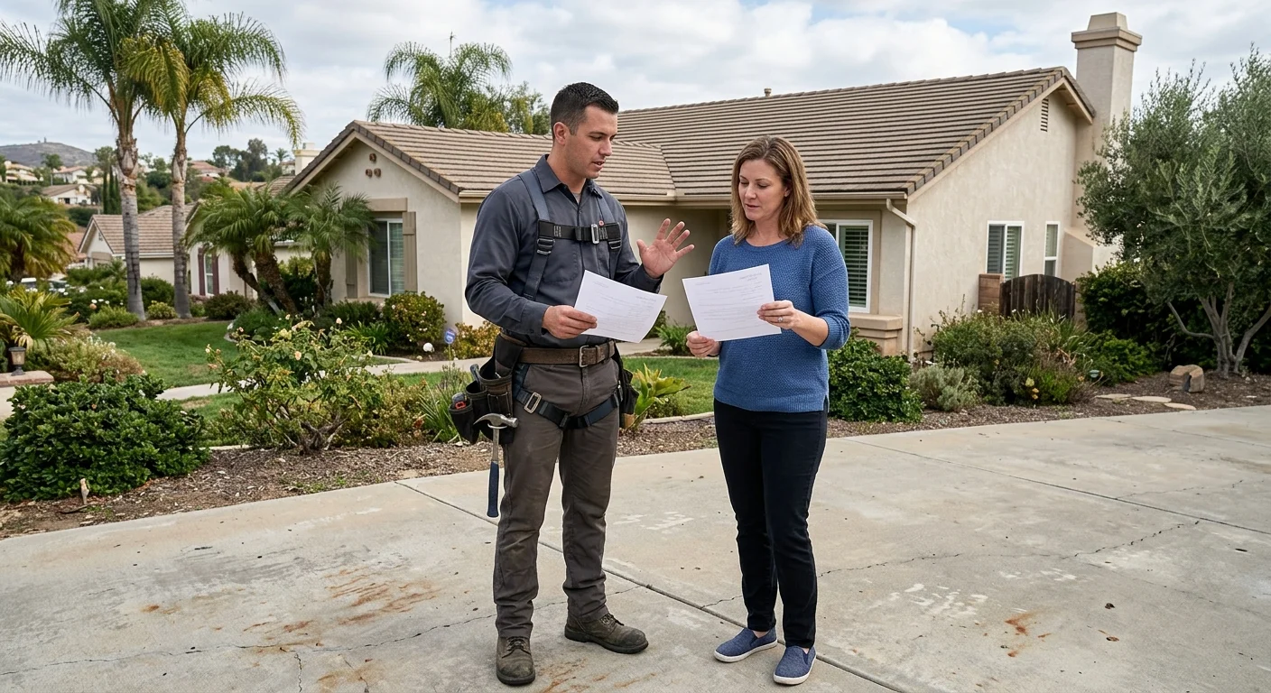 Vista homeowner comparing written roof repair proposals with a local roofer