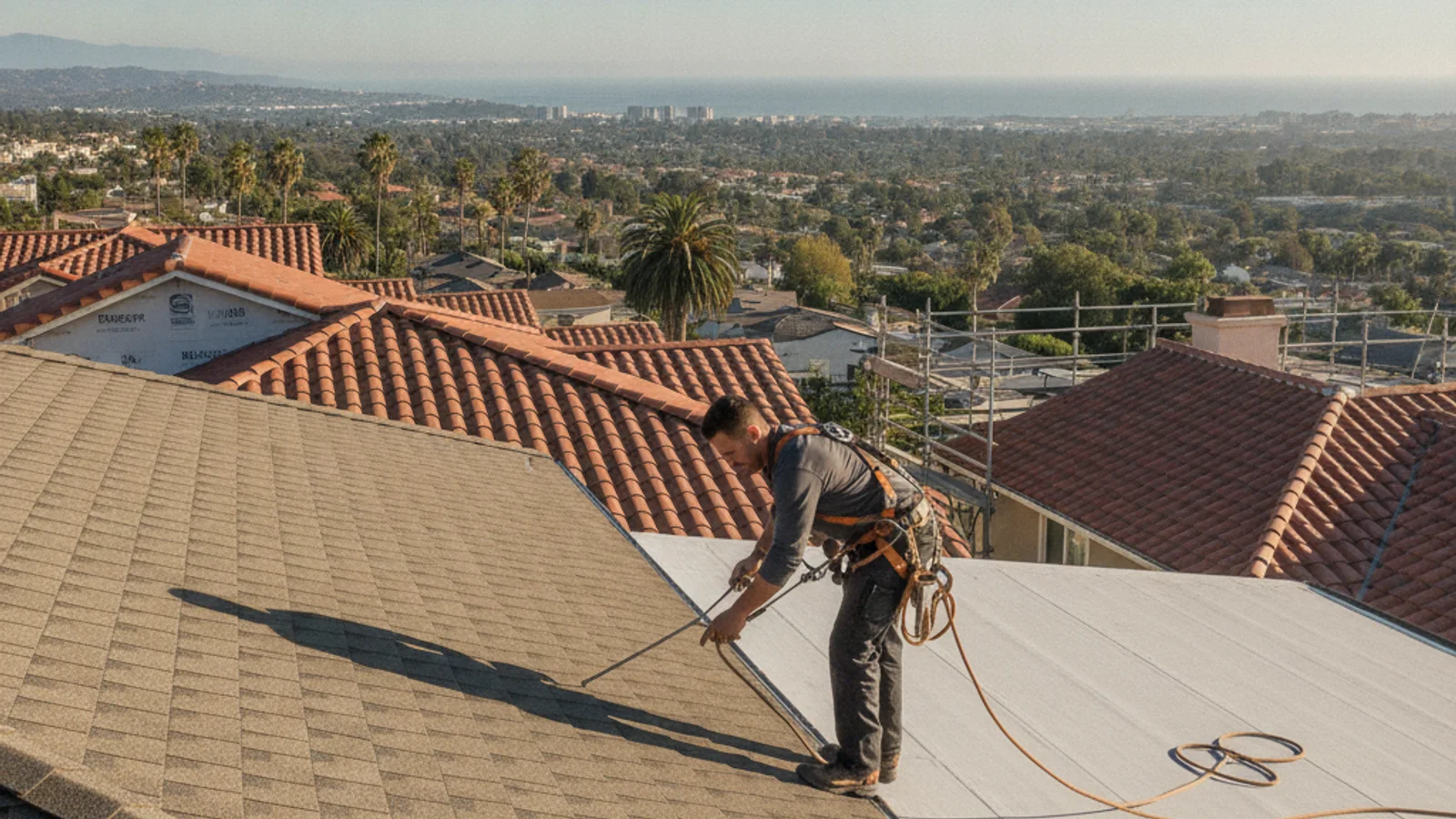 A San Diego homebuyer reading a roof inspection report in front of a house with layered composition shingles