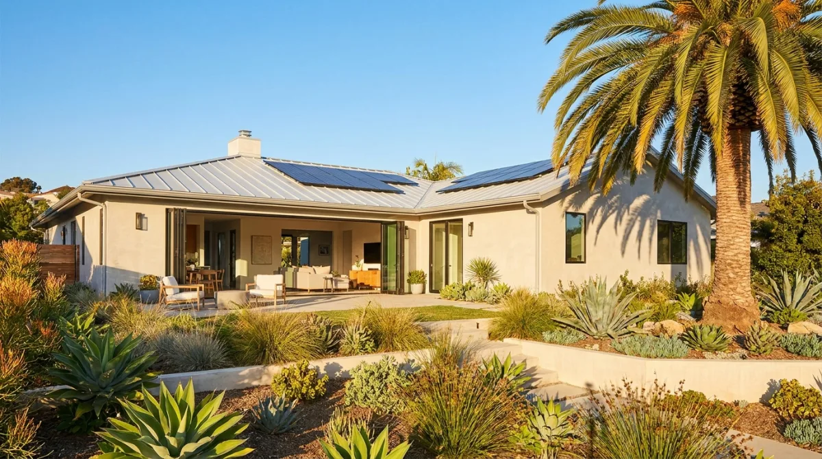 A San Diego home with a light-colored reflective roof under bright summer sun, staying cool.