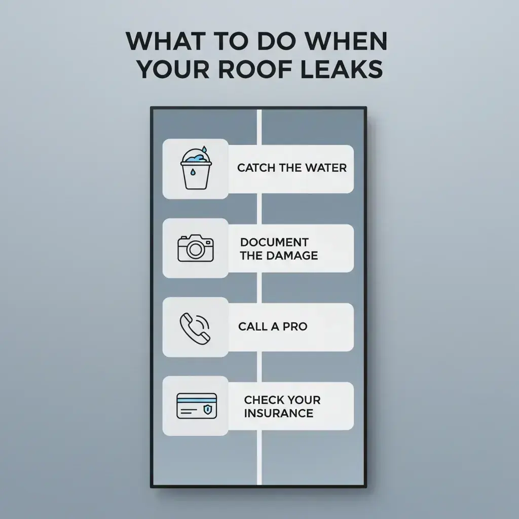 Infographic checklist detailing immediate actions to take when your roof leaks, including catching water, calling a professional, and checking insurance.