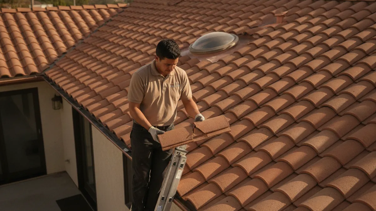 A homeowner holding a single cracked terracotta roof tile while standing on a ladder next to a San Diego tile roof