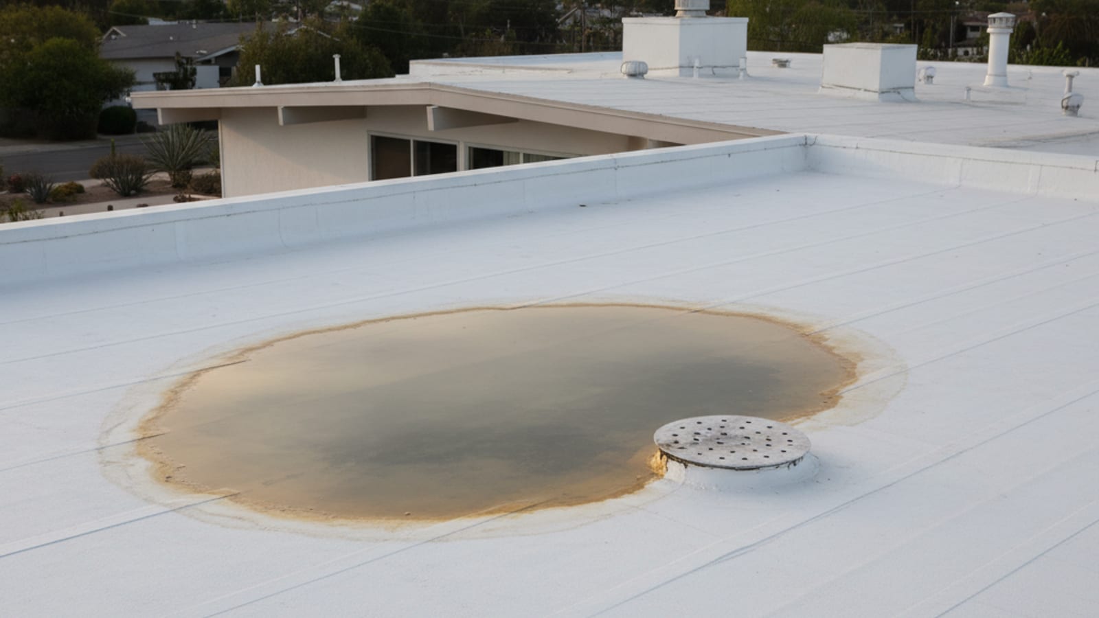 Aerial view of a flat residential TPO roof showing standing water ponded in a low area with visible stain line indicating where water repeatedly collects