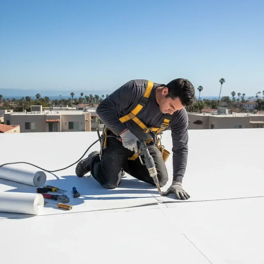 TPO membrane flat roof on a San Diego mid-century home in good condition at 20 years