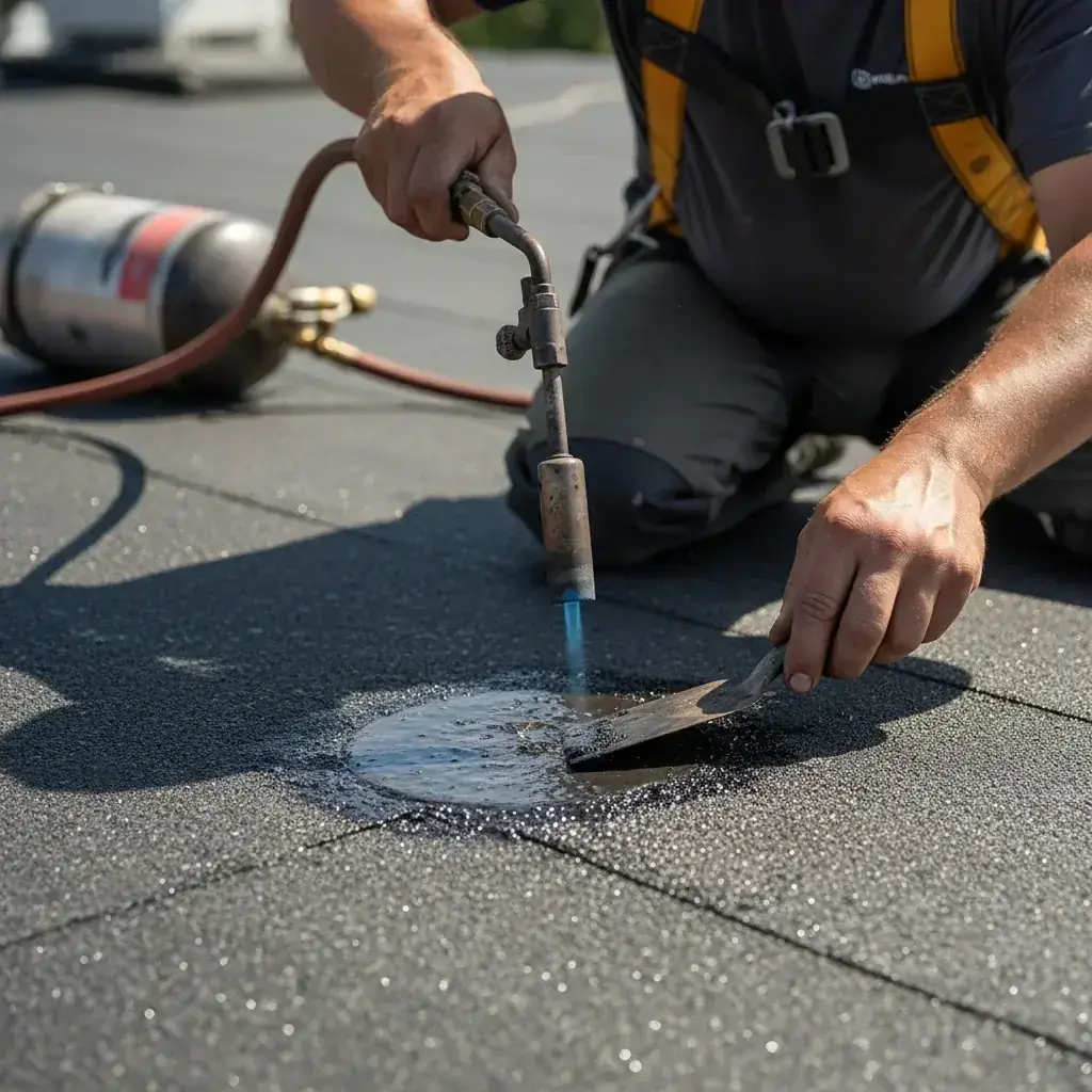 Close-up of a fresh modified bitumen patch over a puncture, torch and trowel visible on the membrane