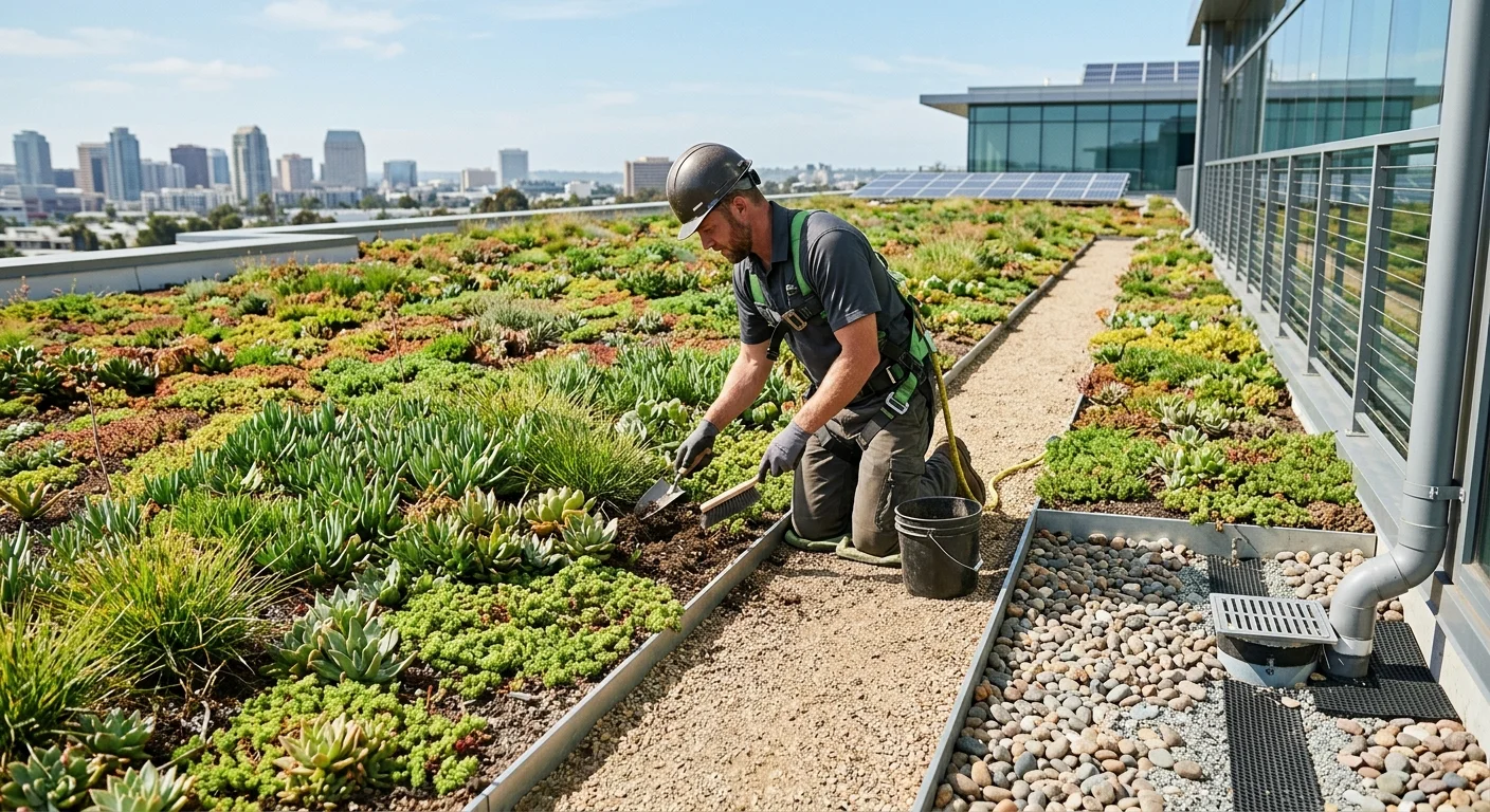 Commercial building with a planted roof and access paths