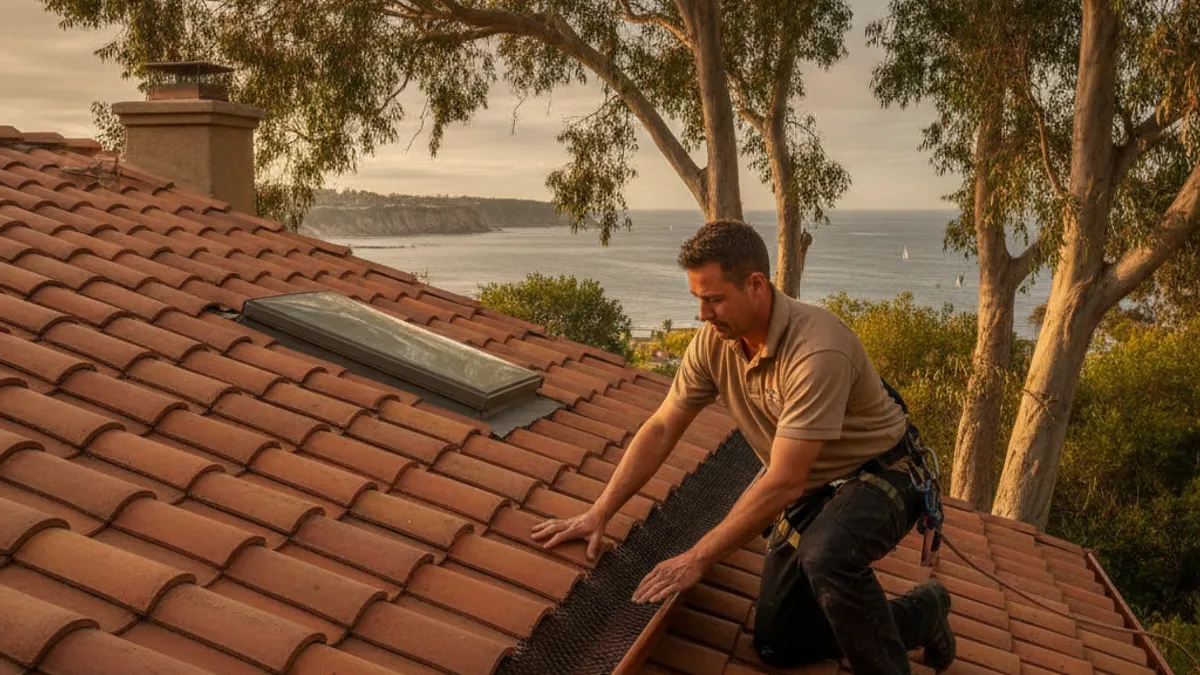 A homeowner installing mesh gutter guards on a La Jolla home beneath overhanging eucalyptus trees near the coast