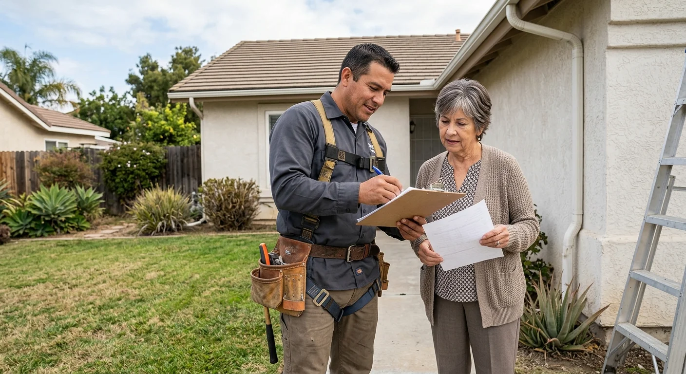 Chula Vista homeowner comparing written gutter proposals with an installer