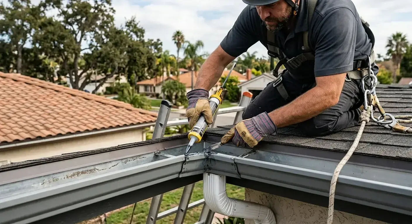 A roofer's hands in gloves carefully sealing a leaking corner joint on a seamless aluminum gutter of a suburban La Mesa home.