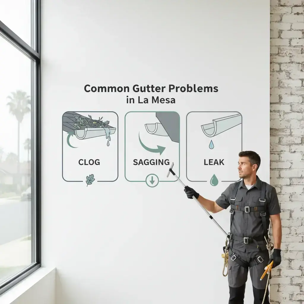 Infographic showing three common gutter problems: a clog from leaves, a sagging section pulling away from the fascia, and a leaking end cap.