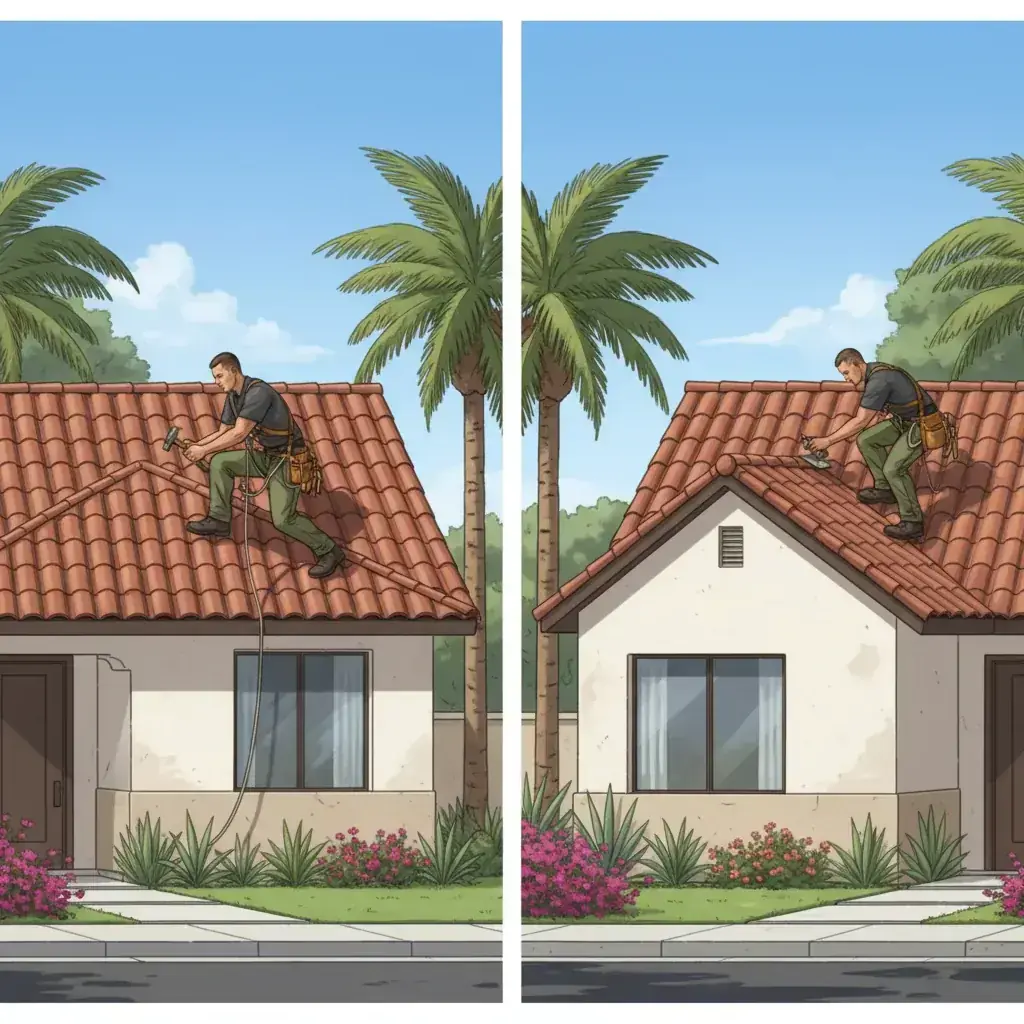Side-by-side architectural illustration of a hip roof and a gable roof on similar San Diego homes.