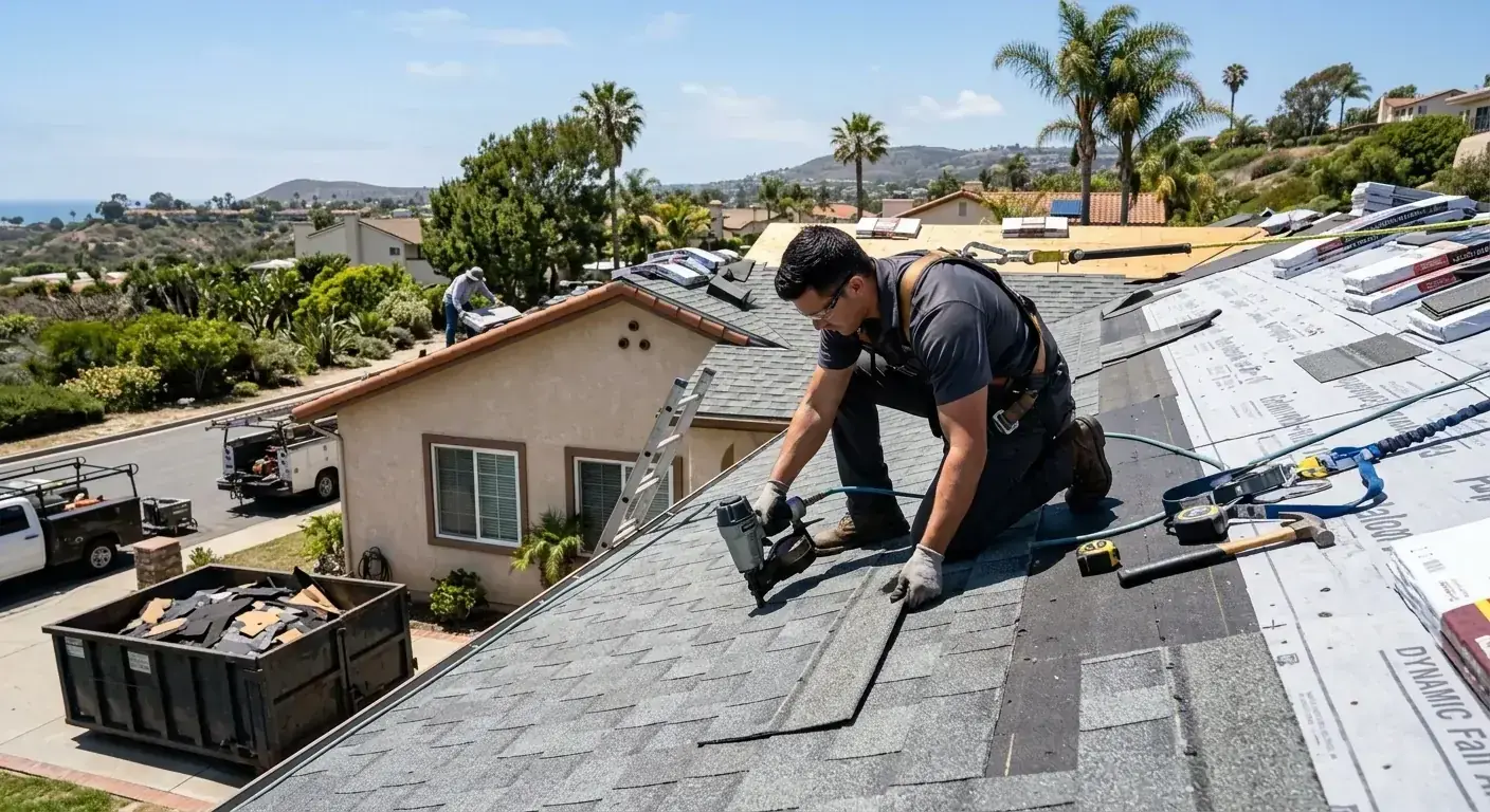 A sunny San Diego home with a new roof being installed, showing a crew actively working on the roof.
