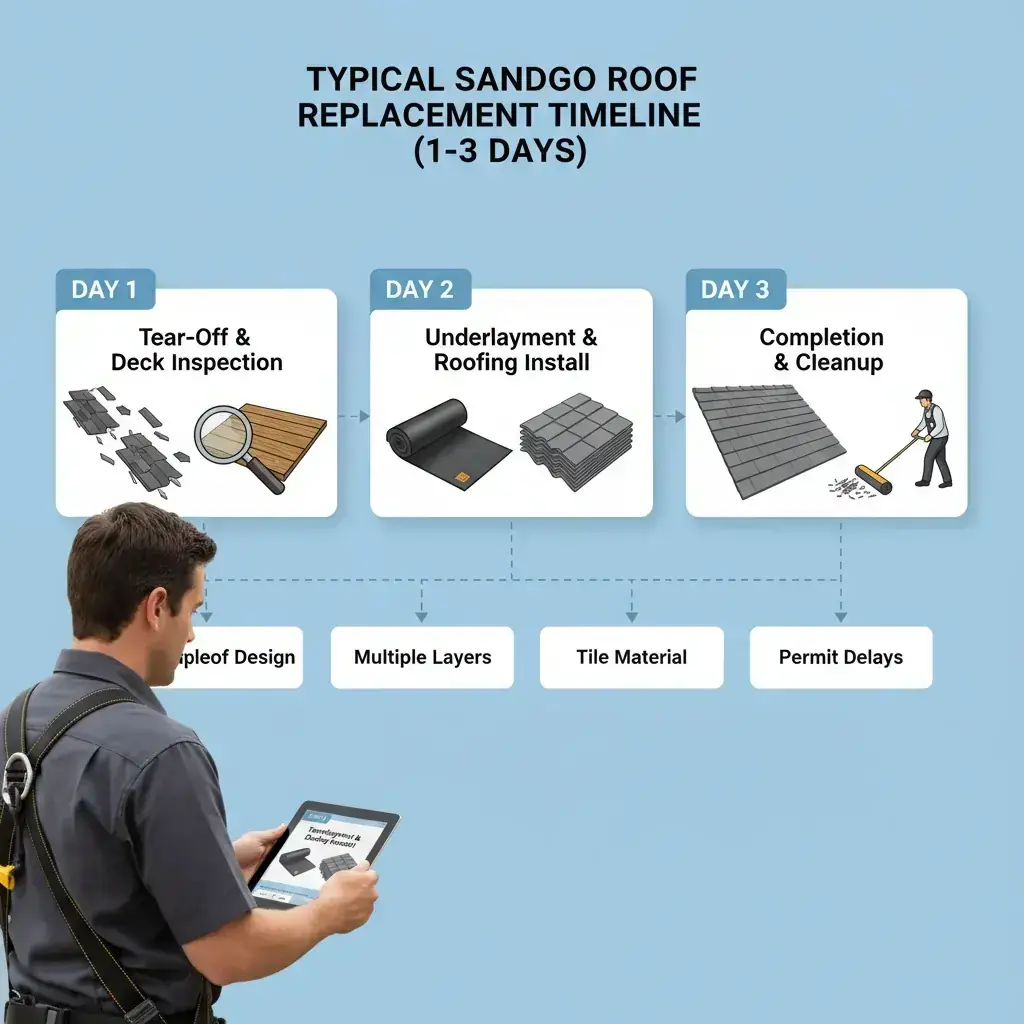 Infographic detailing the typical stages and duration of a roof replacement project in San Diego, from initial tear-off to final cleanup and inspection.