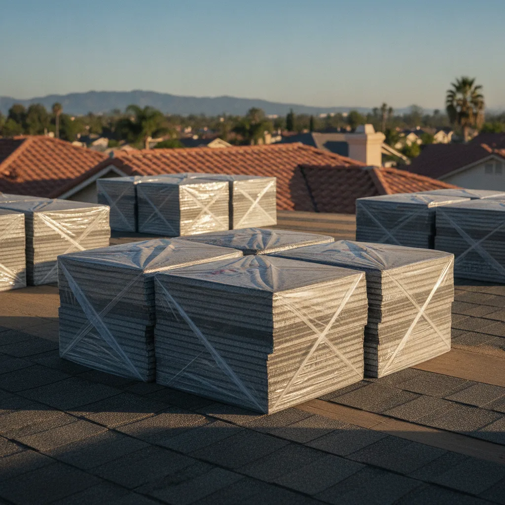 Stacked bundles of architectural asphalt shingles staged across a San Diego roof deck, three bundles grouped to cover one roofing square.
