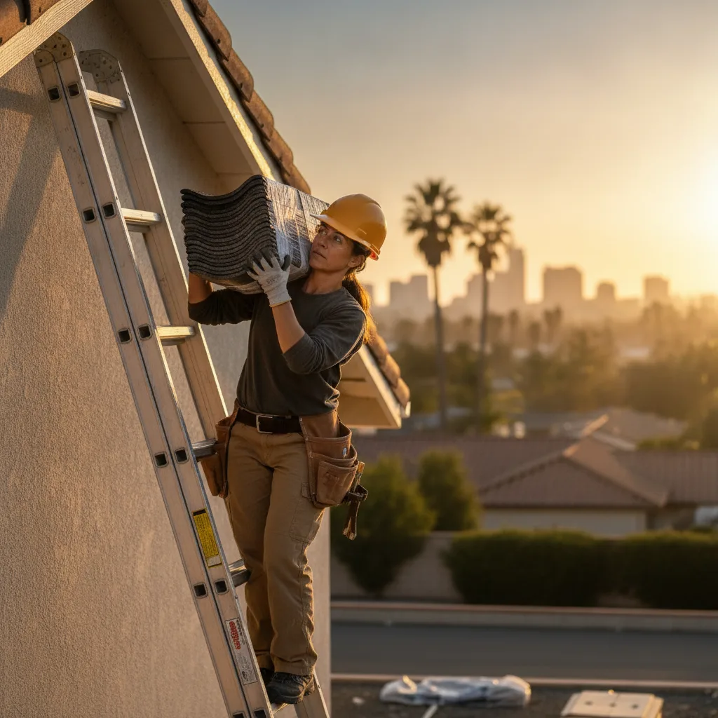 A roofer carrying a single bundle of asphalt shingles up a ladder on a San Diego home.