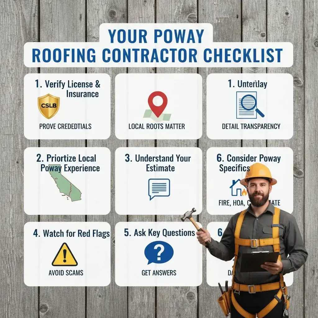 Infographic detailing essential steps to choose a roofing contractor in San Diego, including local experience, coastal vs inland materials, understanding estimates, and red flags.