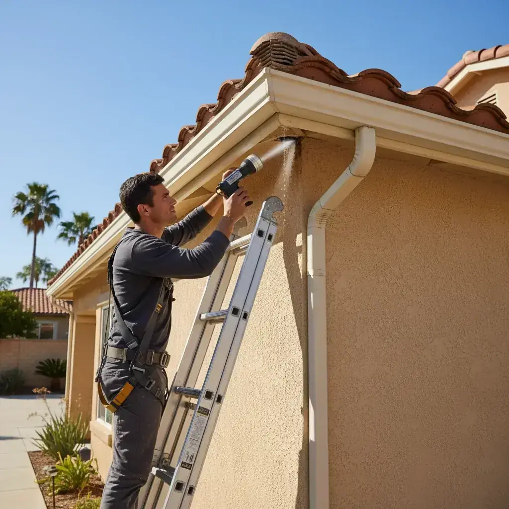 A roofer using a handheld thermal imaging camera to scan a San Diego residential roof for trapped moisture