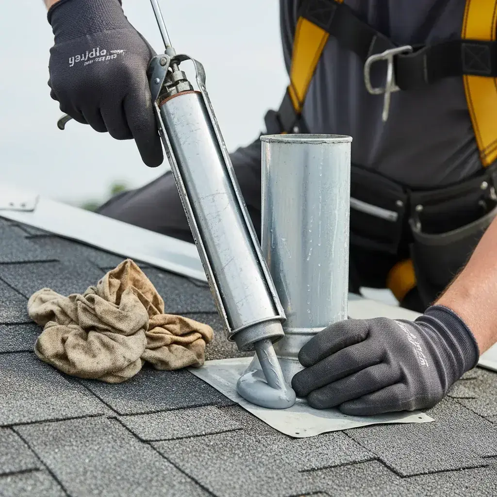 Close-up of hands applying roofing sealant to a small crack around a vent, caulk