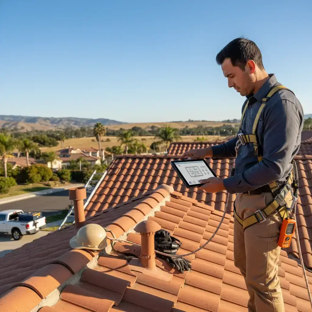 A homeowner reviewing an insurance non-renewal notice citing roof age, with the policy declarations page and roof inspection report on the kitchen table