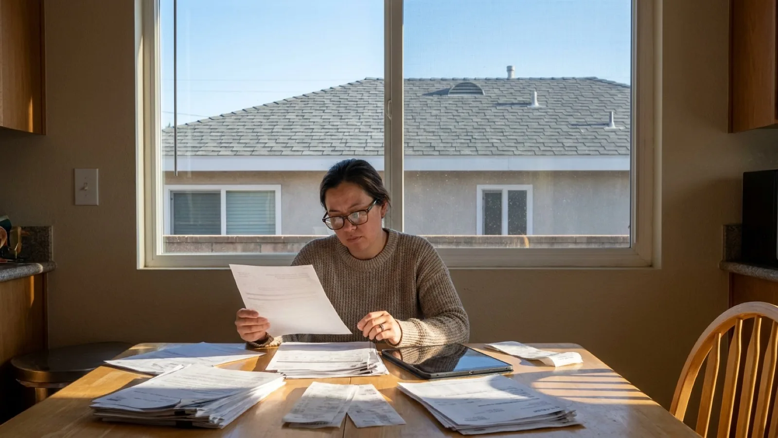 A San Diego homeowner at a kitchen table reviewing tax paperwork and a roof replacement invoice, newly shingled house visible through the window