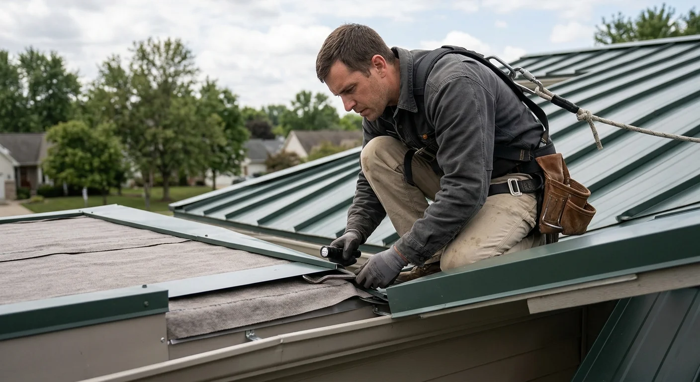 Independent roofer inspecting the perimeter of a residential metal roof