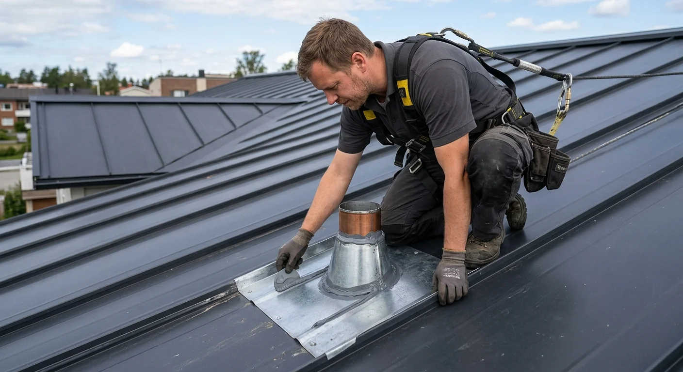 Roofer inspecting changed sealant at a metal roof flashing detail