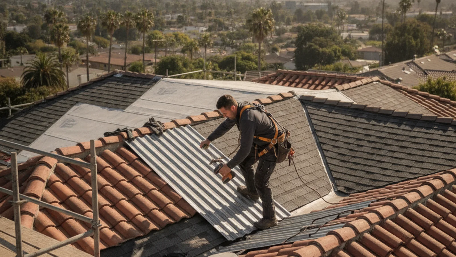 A metal roof installation in progress on a San Diego home, showing the roof deck, underlayment layer, and standing seam panels as separate layers