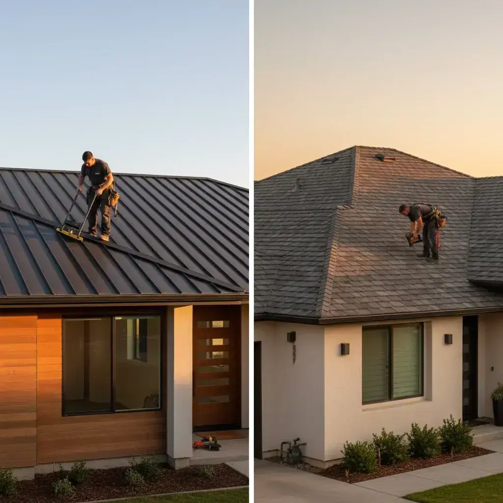 Split image: a San Diego home with a charcoal standing seam metal roof on the left, a similar home with architectural asphalt shingles on the right.