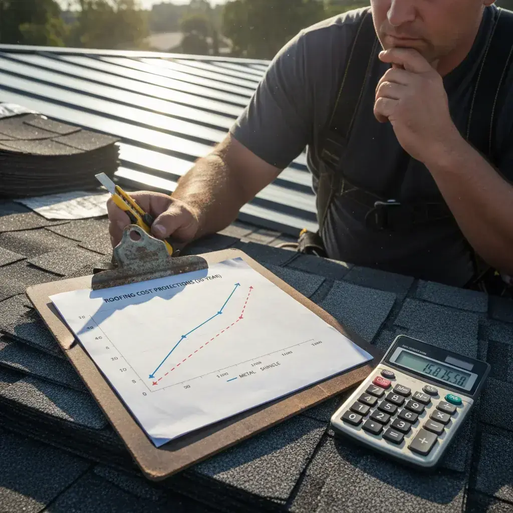 A line chart on a clipboard showing 30-year cost projections for metal vs shingle roofing, with a calculator nearby.