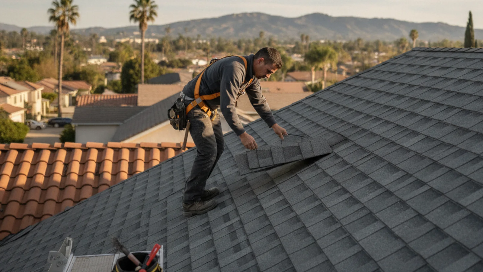 Close view of a residential metal roof formed and coated to resemble dimensional asphalt shingles on a Southern California home