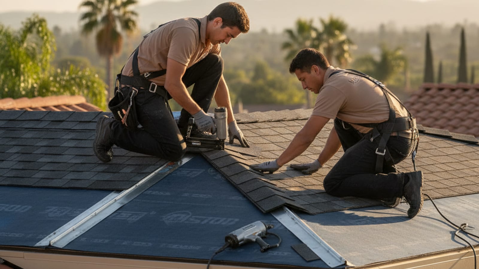 Roofing crew installing architectural asphalt shingles on a newly tear-off San Diego home with valley metal, drip edge, and underlayment visible