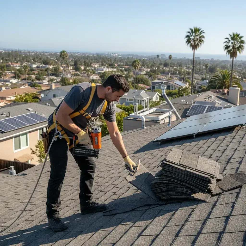 A roofing crew installing affordable architectural asphalt shingles on a single-story San Diego home under a clear sky